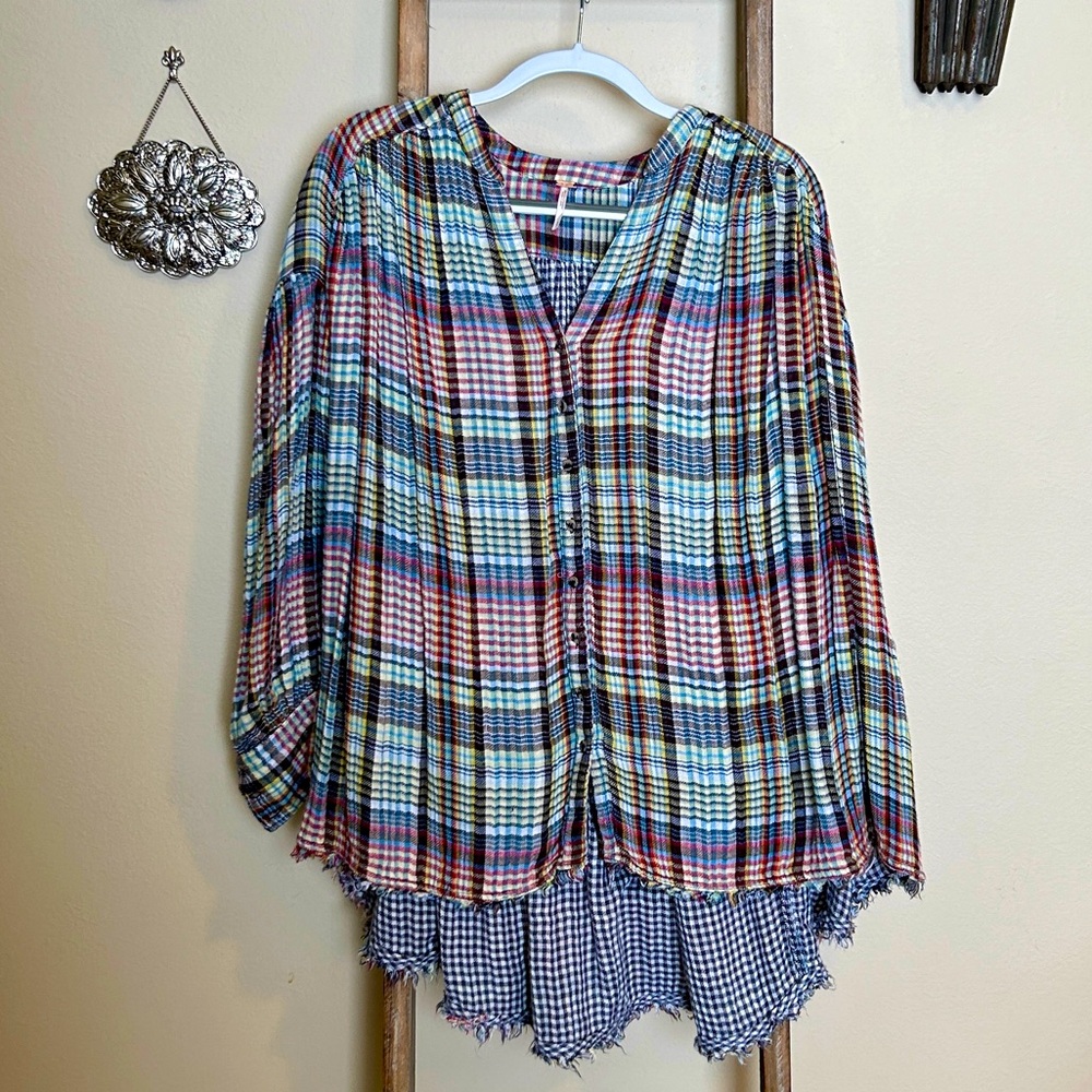 Free People Plaid Mix Super Soft Button Down Top